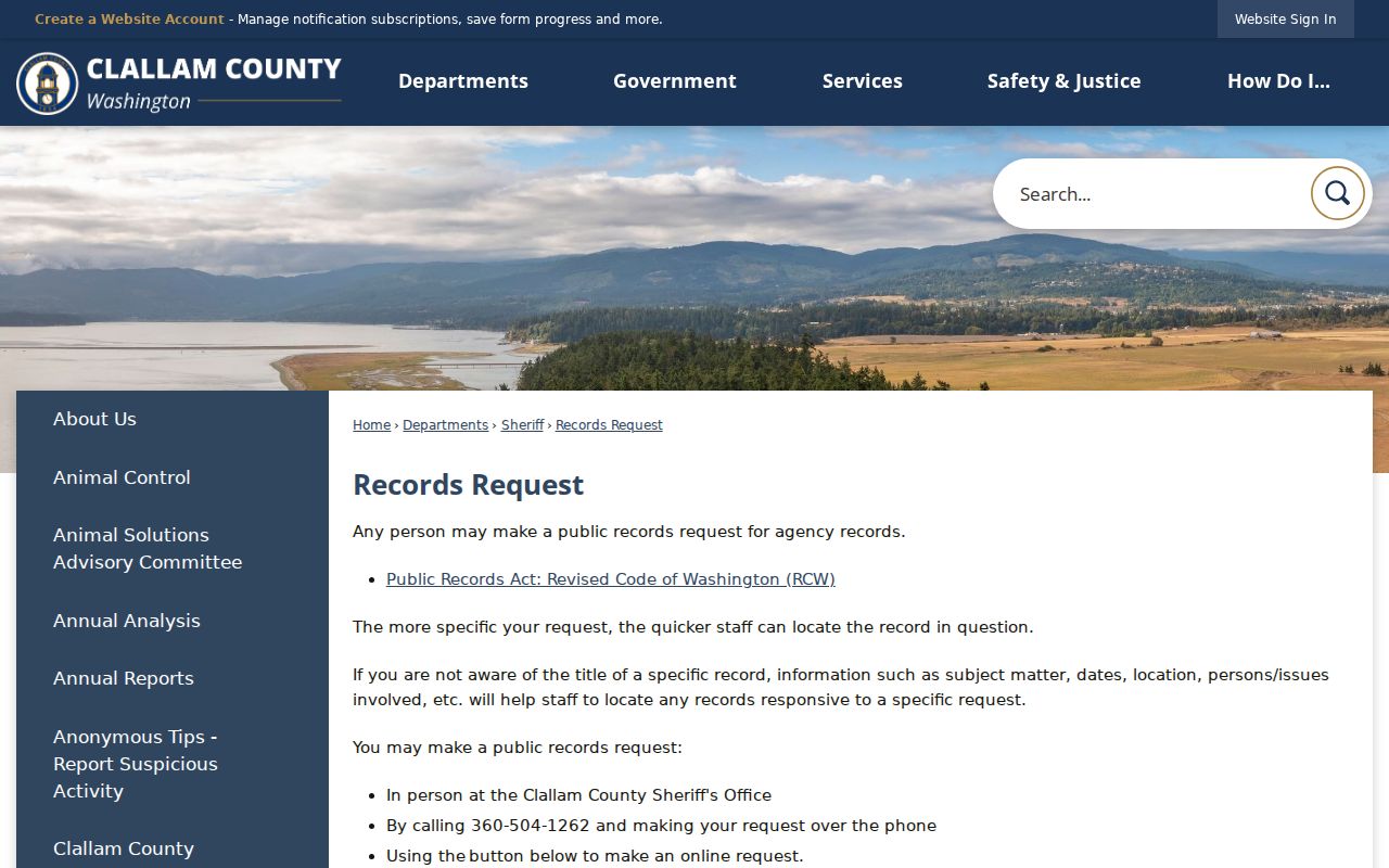 Clallam County Sheriff arrest report request page