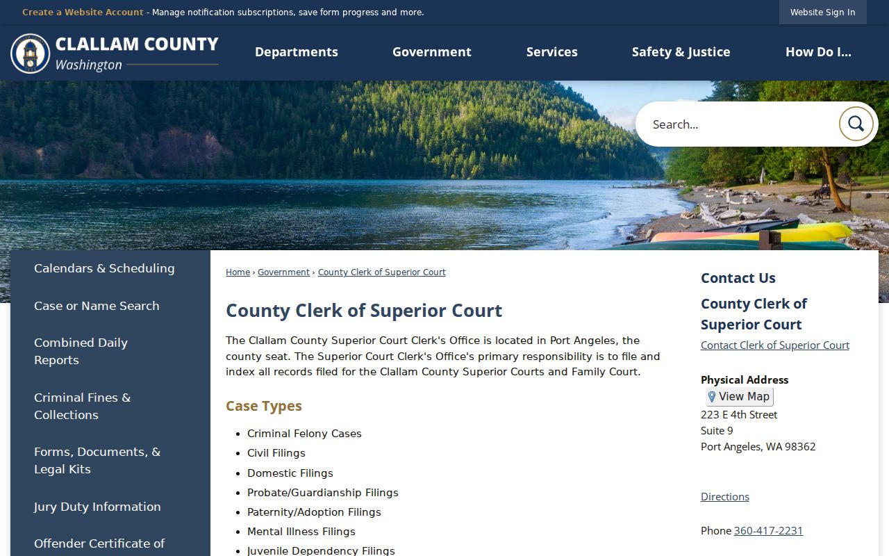 Clallam County criminal court case Clerk of Superior Court page