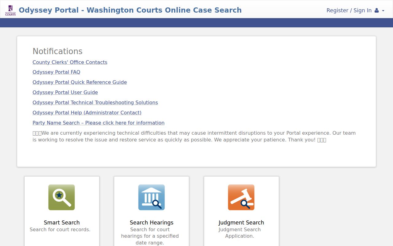 Clallam County criminal court case Odyssey Smart Search portal