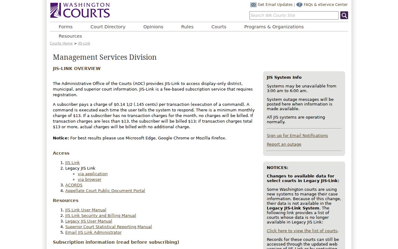 Clallam County criminal court case JIS-Link access page