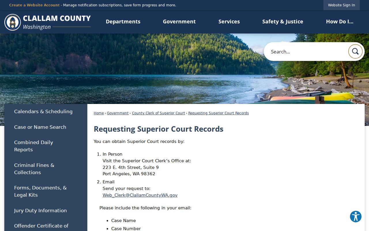 Clallam County criminal court case Superior Court records ordering page