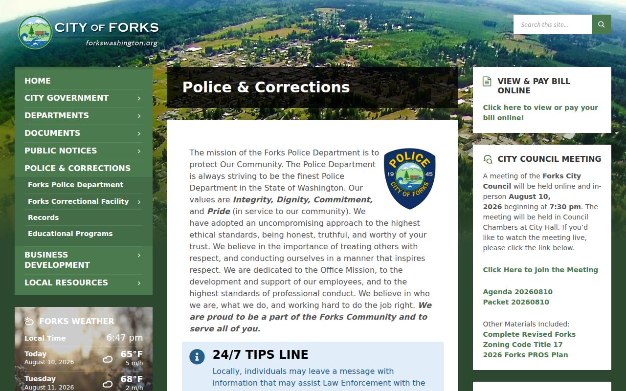 Forks criminal records Police and Corrections department page