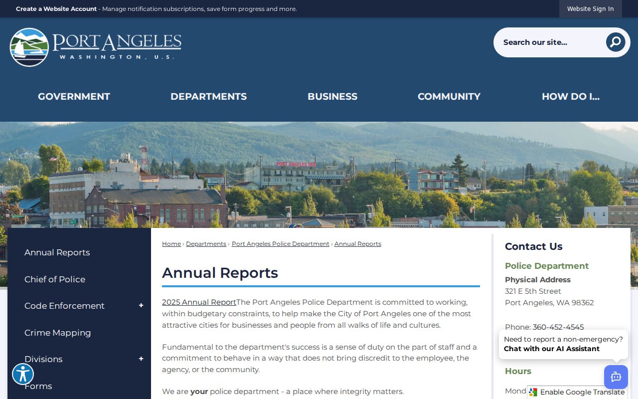 Port Angeles Police annual criminal records and reports archive