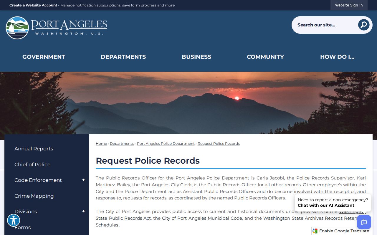 Port Angeles criminal records request page for police reports