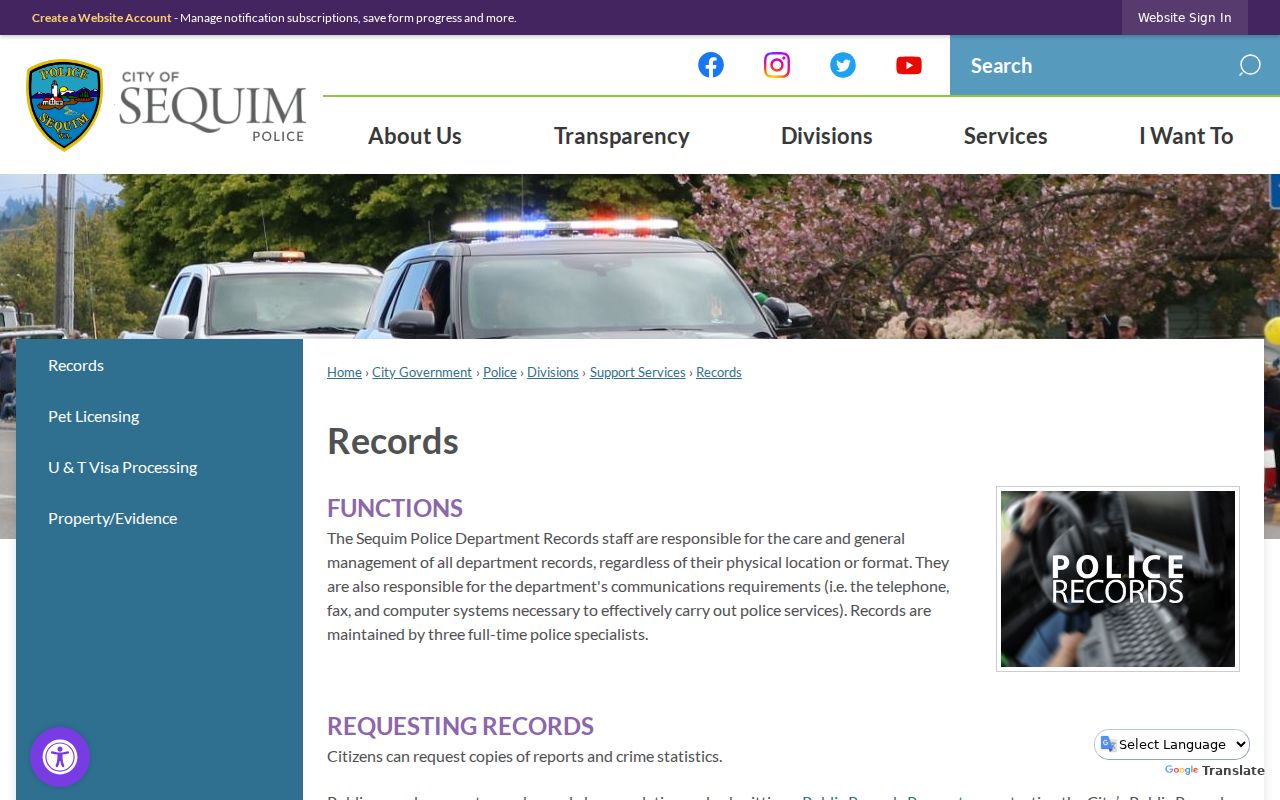 Sequim criminal records page for police report requests